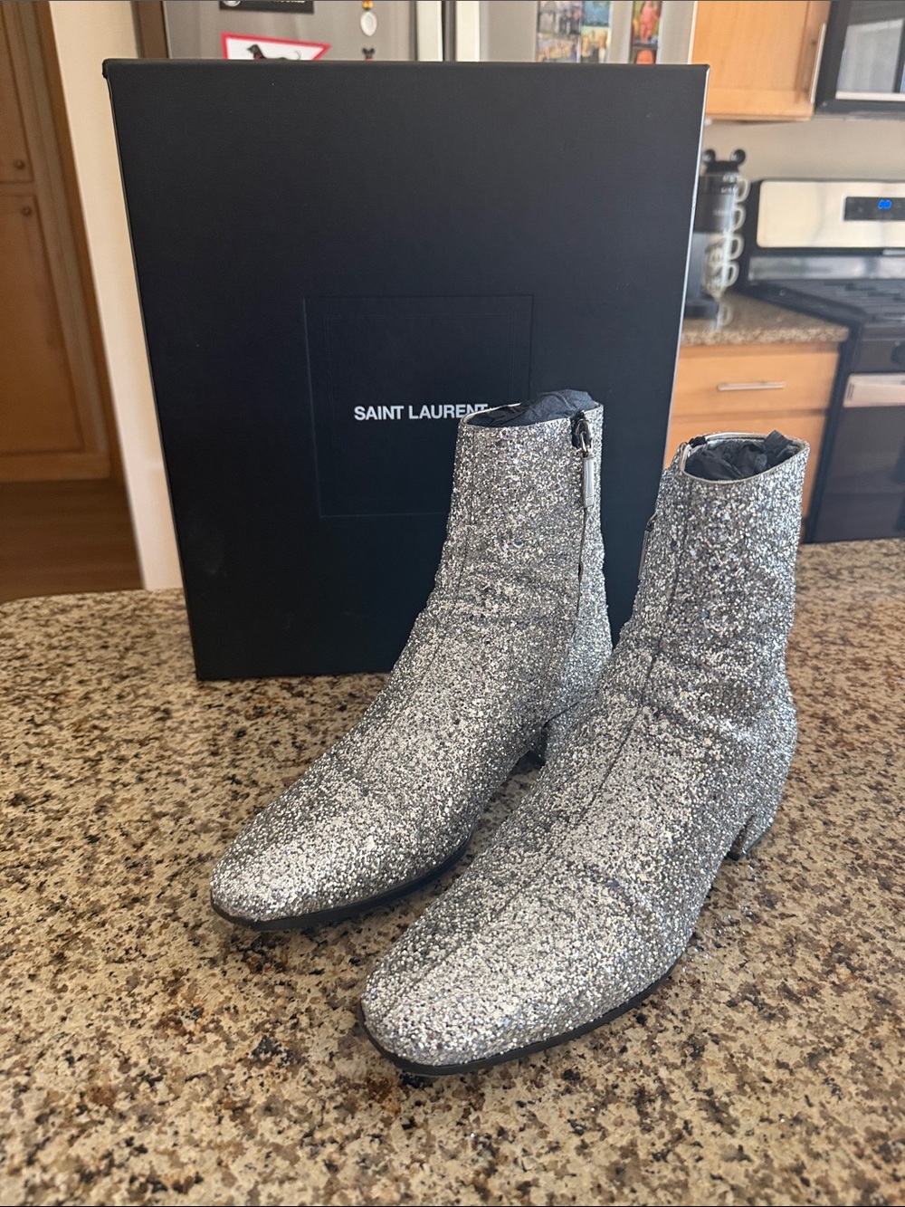 Saint Laurent Silver Glitter Ankle Booties